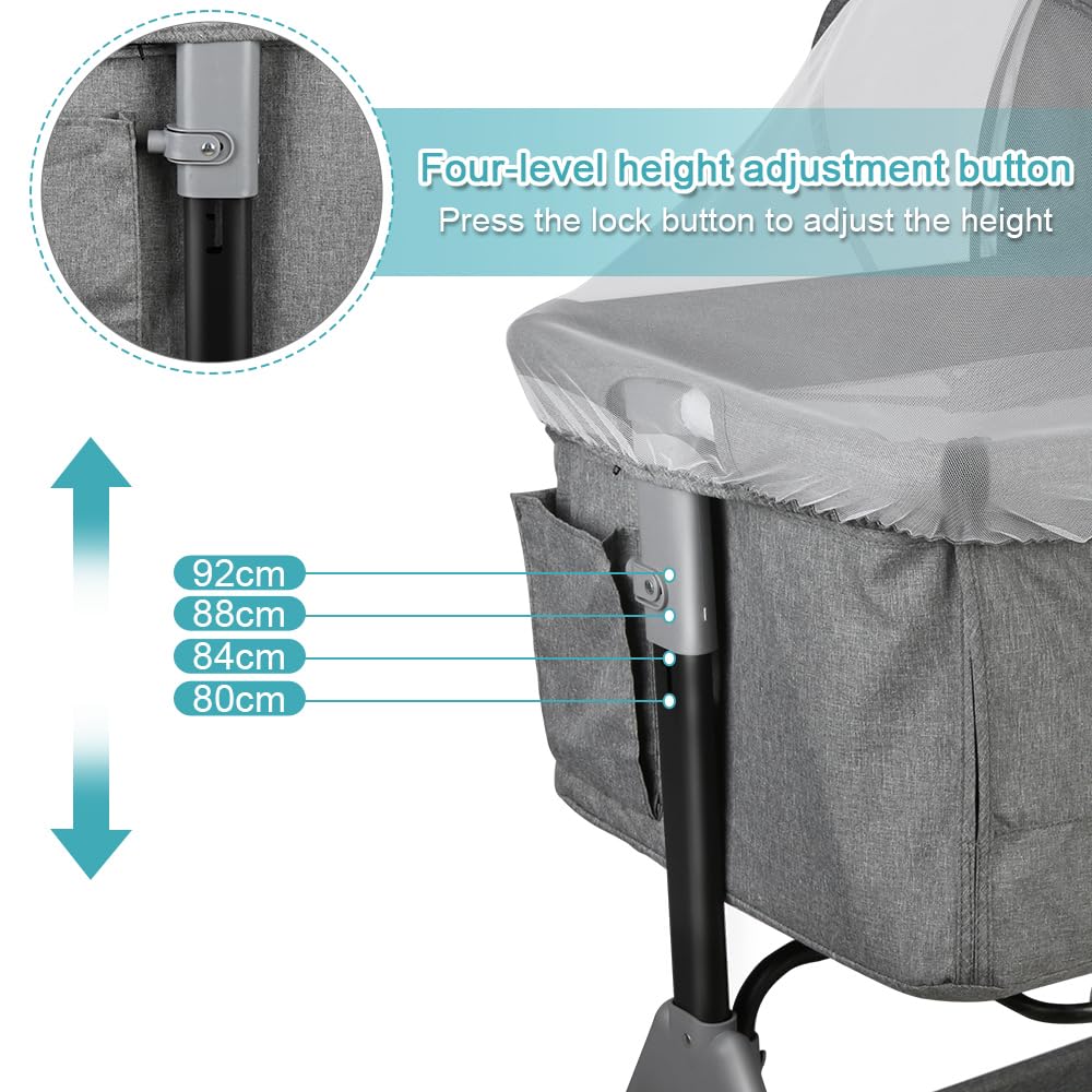 LANTUS Lit Cododo Bébé 3 en 1, Berceau Cododo avec Matelas et Moustiquaire, Berceau Bébé, Capacité de Charge 50KG, Compact en 3 Secondes, Facile à Transporter, 104 * 52 * 100-110cm-Gris Lin