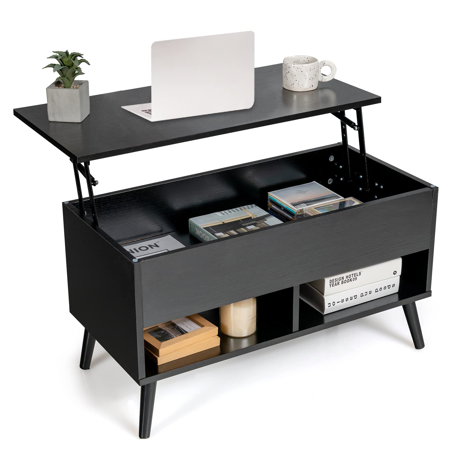 Tangkula Lift Top Coffee Table Wooden Lift Tabletop Dining Table with Hidden Storage 2 Open Shelves Metal Hydraulic