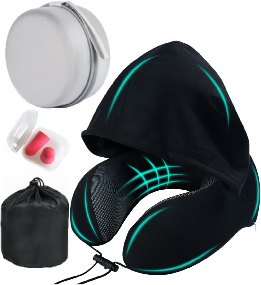 Travel Neck Pillow with Extra Large Hood Rollable Airplane Hooded Neck Pillow with Memory Foam Filling and Removable, Skin-Friendly Cover with Carrying Case & Pouch (Velvet)