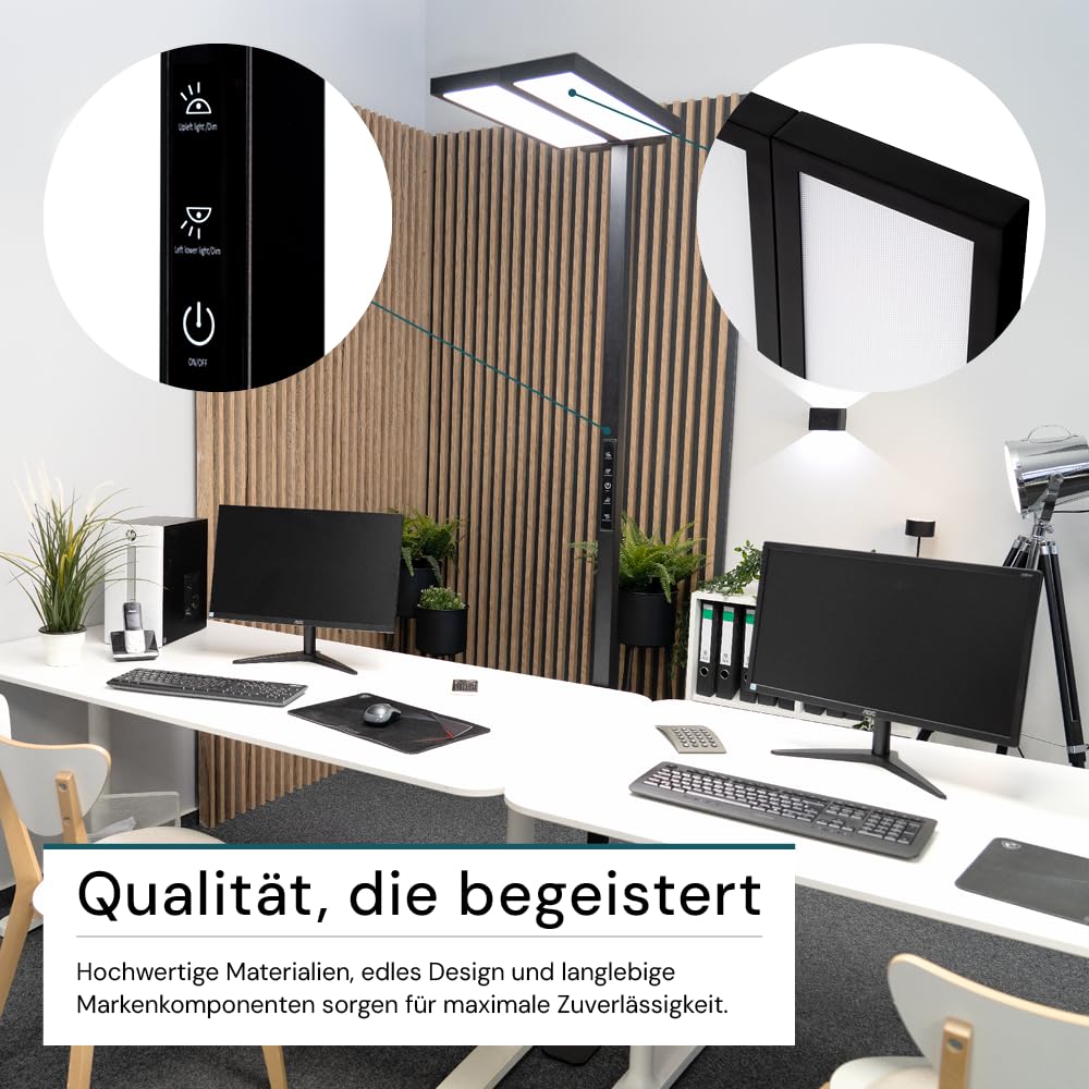 LUXULA LED Büro Stehlampe DUO, dimmbar, CRI>98 Vollspektrum, UGR<16 blendfrei, RG0 Blaulichtfilter, 4000K Neutralweiß, 120W, 8500 lm, schwarz - Arbeitsplatz Stehleuchte Deckenfluter