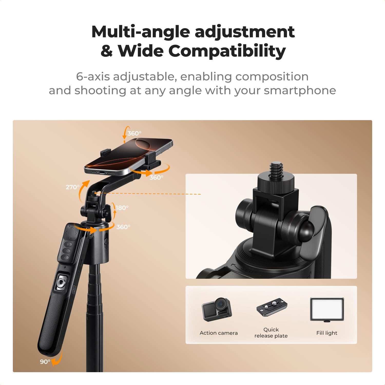 K&F CONCEPT Statyw 71” z automatycznym śledzeniem twarzy, obrotowy 360°, 2 lampy LED, pilot i sterowanie gestami do vlogów i transmisji