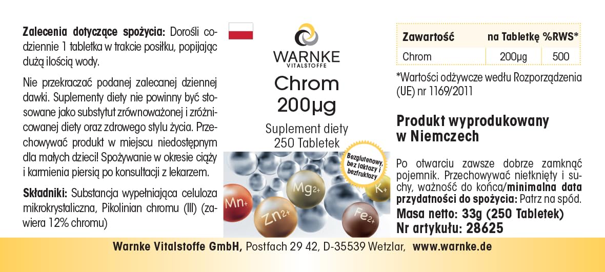 Chrom 200μg – 250 tabletek, każda zawierająca 200μg – wyprodukowano z pikolinianu chromu – WYSOKA DAWKA – niemiecka jakość farmaceutyczna – wegańskie | Warnke Vitalstoffe