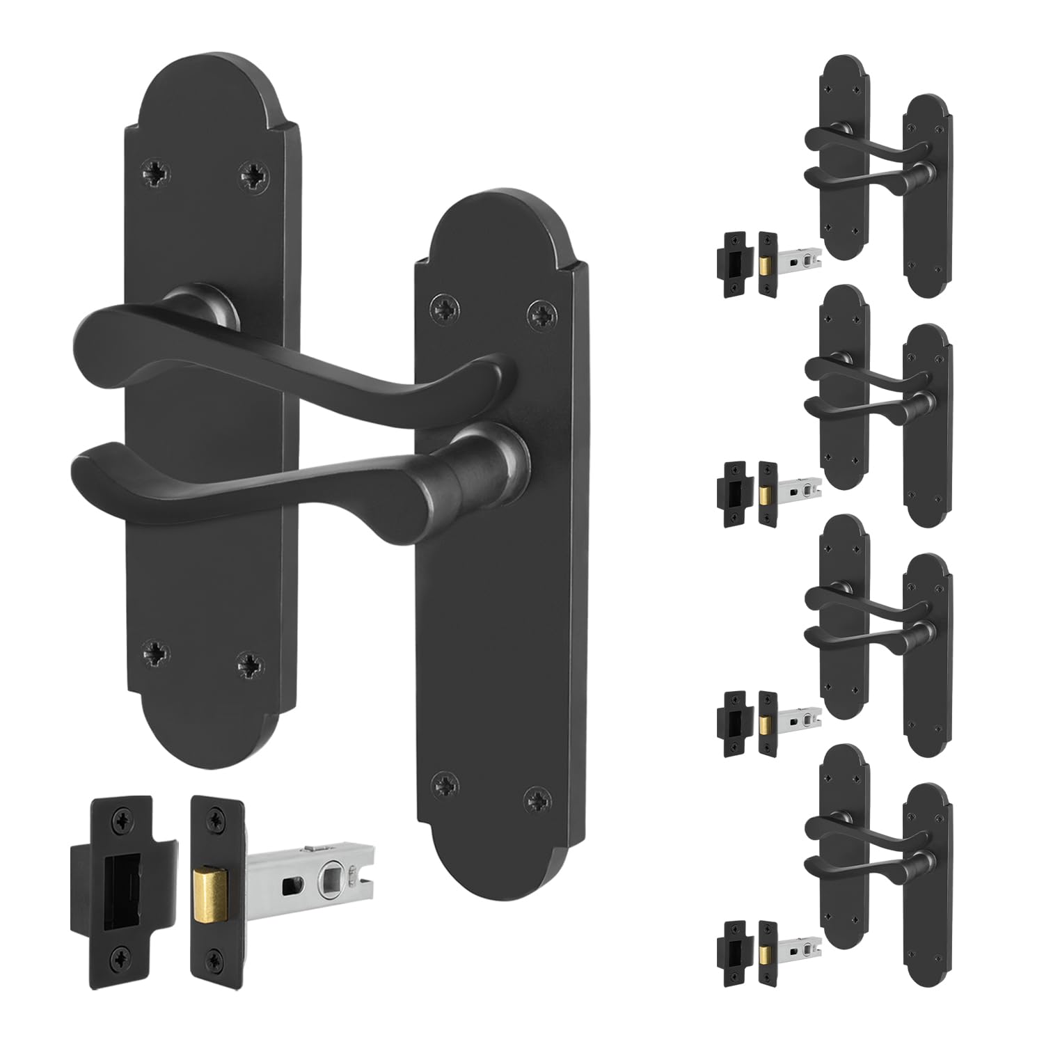 Eai Matt Black Black Door Handles With Latch, 5 Pairs Internal Victorian Scroll Shaped Backplate, Latch 64Mm