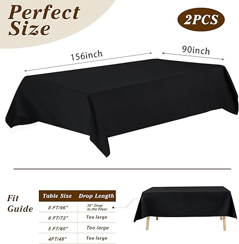 Miniatura 3 de Fixwal Paquete de 2 manteles rectangulares color negro, manteles de tela de poliéster de 90 x 156 pulgadas, manteles lavables para cocina, mesa de