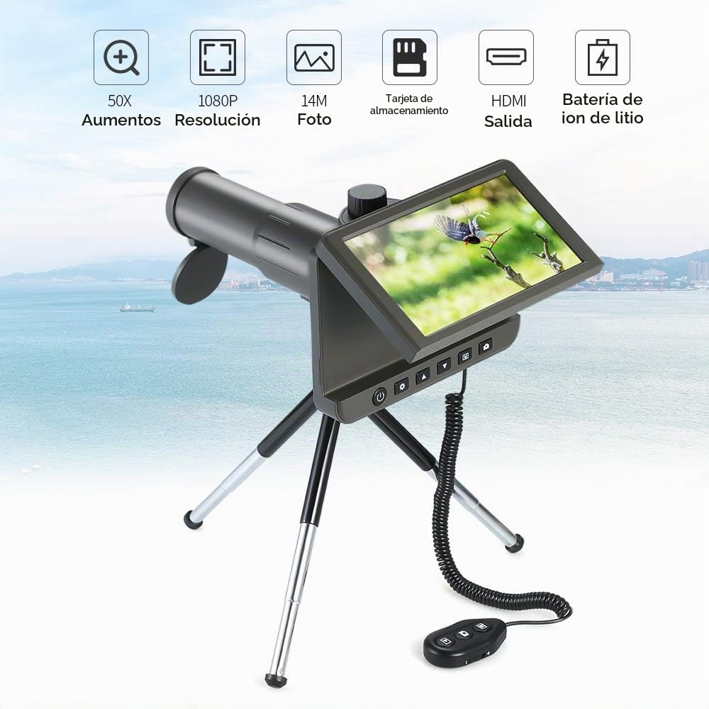 Cámara del telescopio digital, 1080P 50X portátil 14MP foto video grabadora monocular con telescopio mini trípode solo tubo para observación aves, partido fútbol, ​​caza, pesca, aventuras aire libre
