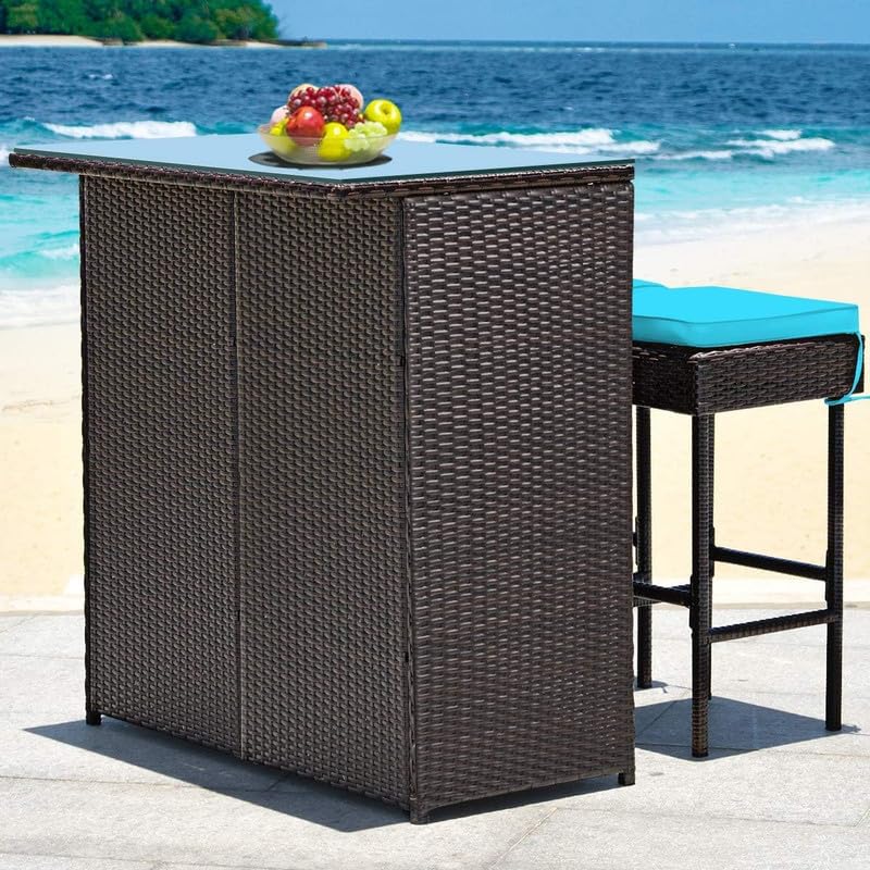 Image of OUTLIVING Patio Rattan Wicker Bar Table with Glass Top and 2 Cushion Stools | Multipurpose 2 Seater Outdoor Bar Set Furniture for Garden, Backyard, Poolside, Home and Lawn (Brown-Turquoise)