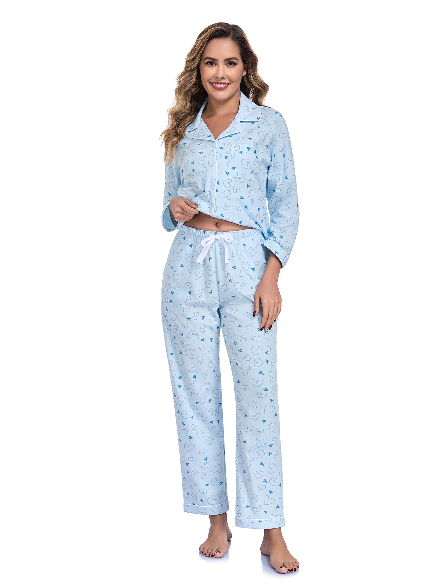 Damen Pyjama Set 100% Baumwolle Leopardenmuster Langarm Knöpfe Hose