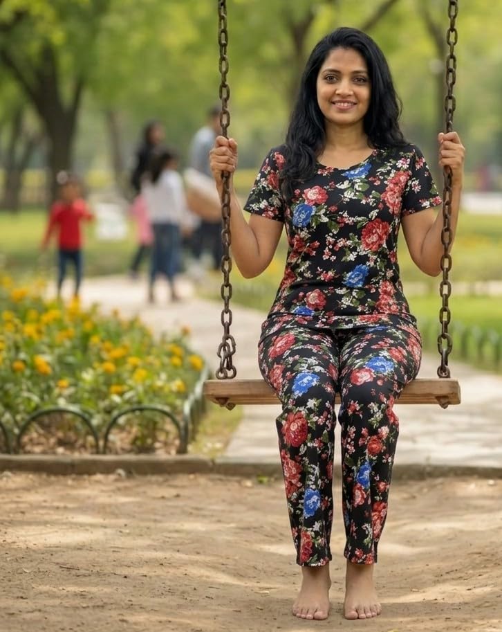 Image of Women's Night Dress | Printed Cotton Night Suit | Pyjama Set with Top and Bottom | Sleepwear | Ladies Night Dress | Casual Nightwear with Pocket | T-Shirt and Pant | Co-ord Set