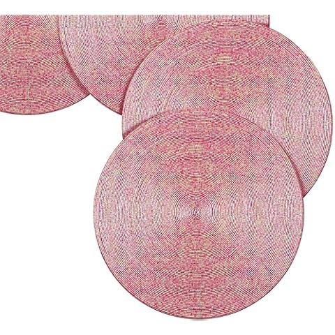 Beaded Placemat,Farmhouse Beaded Placemat, Round Hand Beaded Charger Placemat - Hand Made by Skilled artisans - A Beautiful complement to Dinner Table Décor Gold Pink Set of 4 Cover