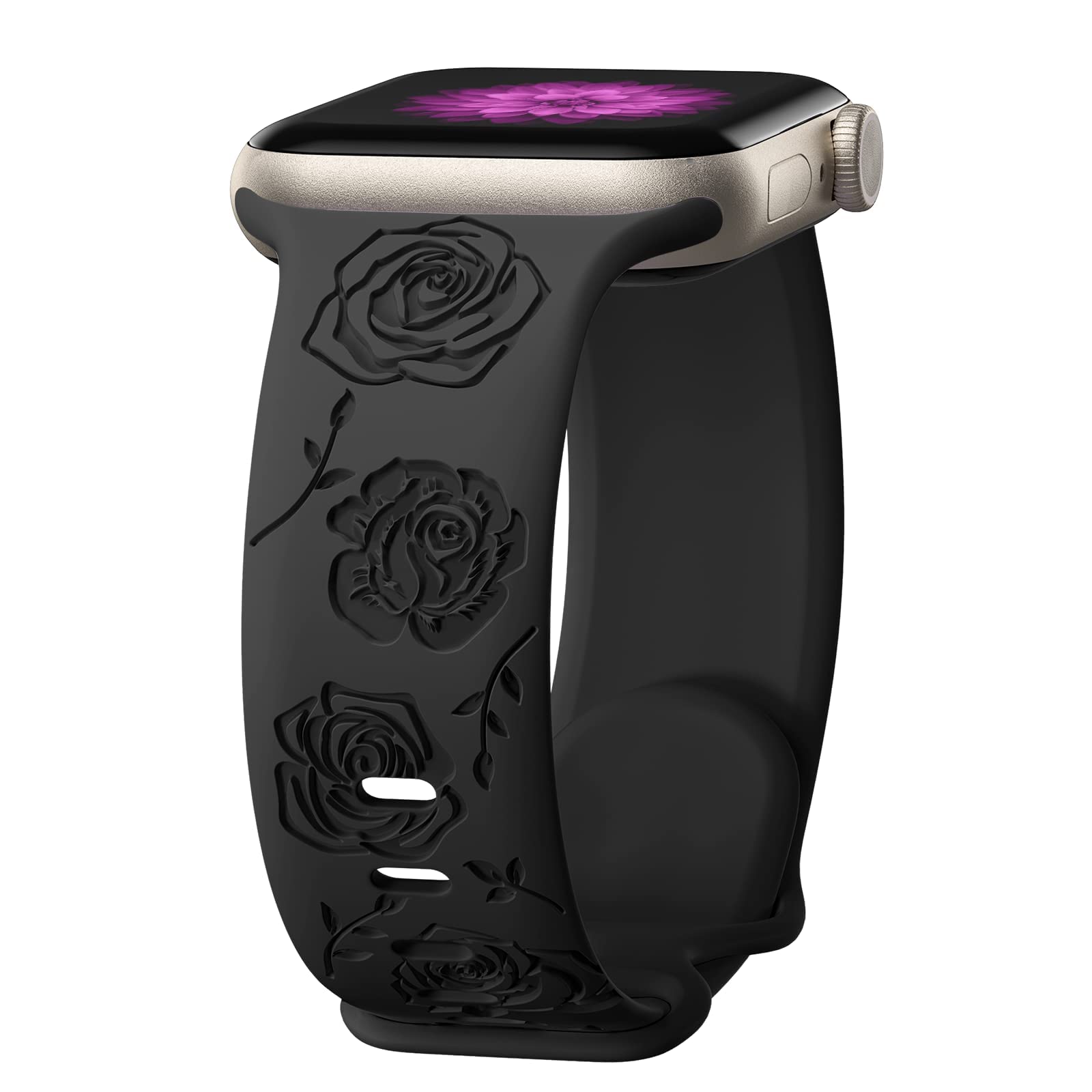 IKANFI Floral Engraved Bands Compatible with Apple Watch Band 41mm 40mm 38mm Women, Silicone Rose Sport Embossed Strap for iWatch Bands Series SE 8 7 6 5 4 3 2 1-Rose-BK38