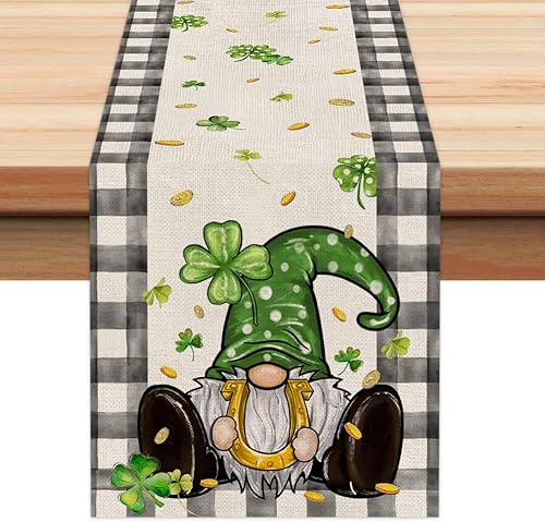 ARKENY Camino de mesa de trébol verde de la suerte del día de San Patricio de 72 pulgadas gnomo dorado decoración de temporada de primavera para