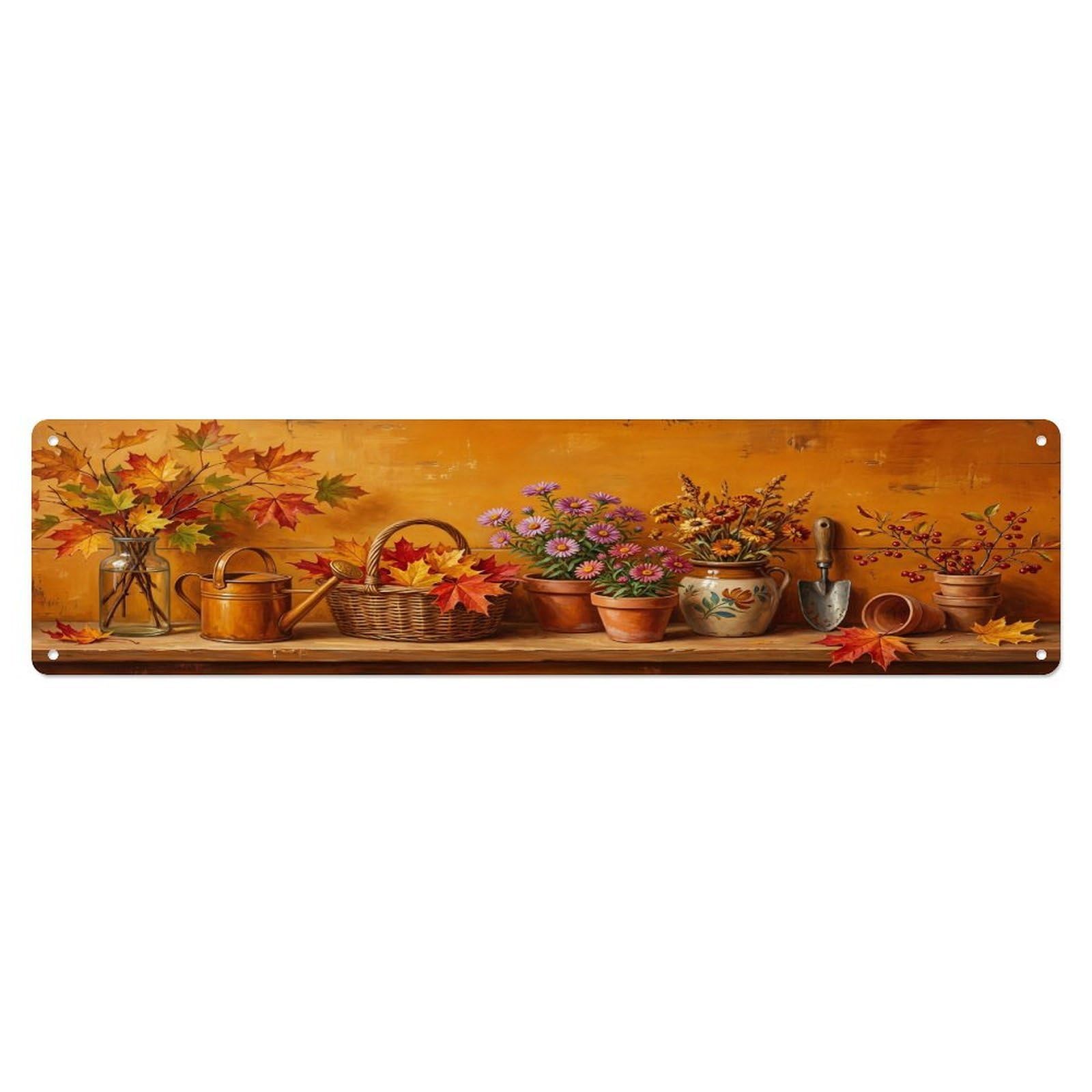 Floral Garden Tools Maple Leaf Vase Pattern Print Metal Tin Sign