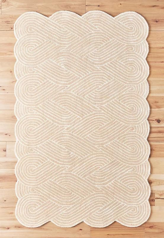 Image of Hand-Tufted Woolen Rugs for Living Room 6x9 feet Peach & White Anti-Skid High Pile Thick Carpet for Hall & Bedroom