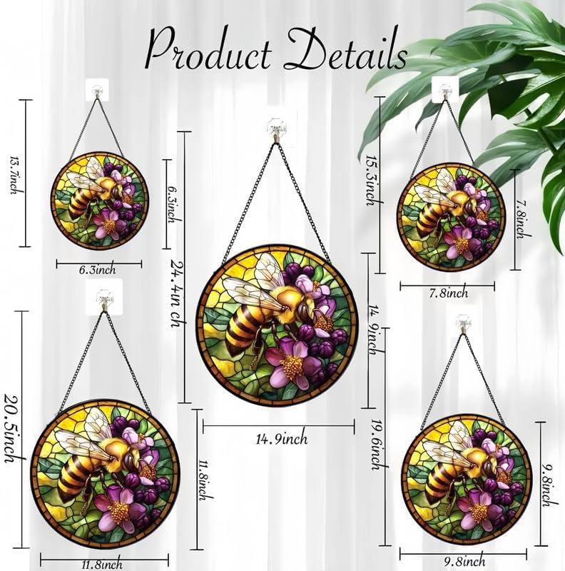 Bee Stained Glass Suncatcher Round Window Hanging Decor Colorful Floral Sun Catcher Panel Honey Bee Art for Home Kitchen Garden Living Room Gift