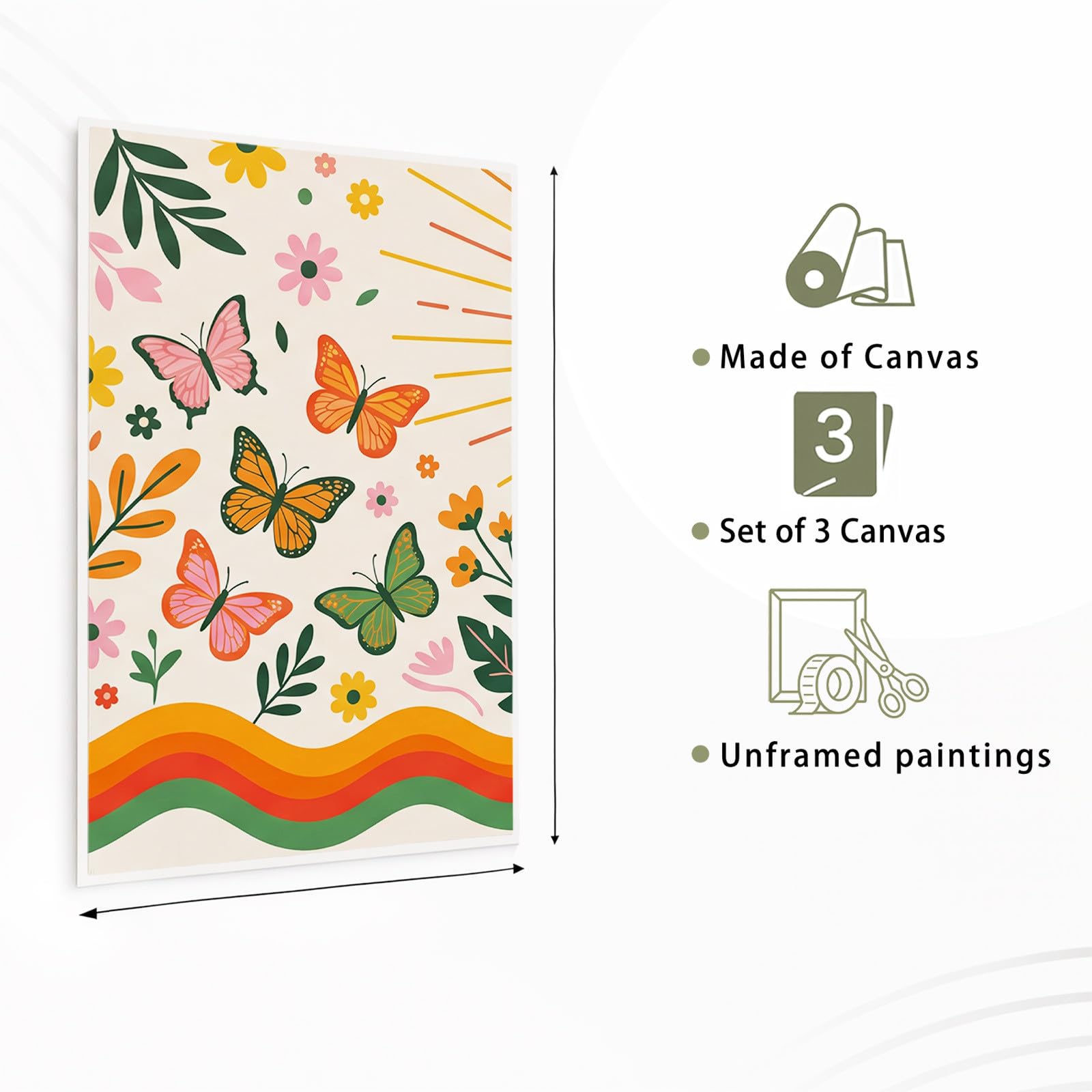 Generisch 3-teiliges Wandbild Leinwand Set 50 x 70, Ohne Rahmen Triptychon Ästhetische Kunstdrucke Vintage Verspielt für WohnzimmerSchlafzimmer, Botanisch Floral Zweig Schmetterling Sonne Regenbogen
