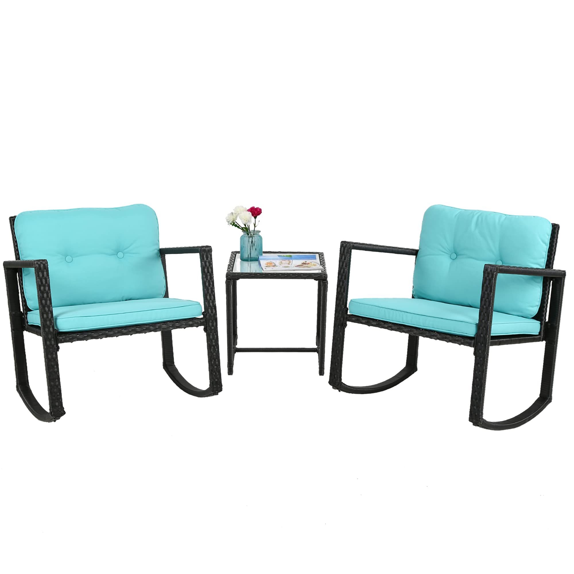 Photo 1 of 3 Piece Wicker Patio Furniture Sets Rocking Chair Outdoor Bistro Set Patio Set Rattan Chair Conversation Set with Porch Chairs and Coffee Table,Blue