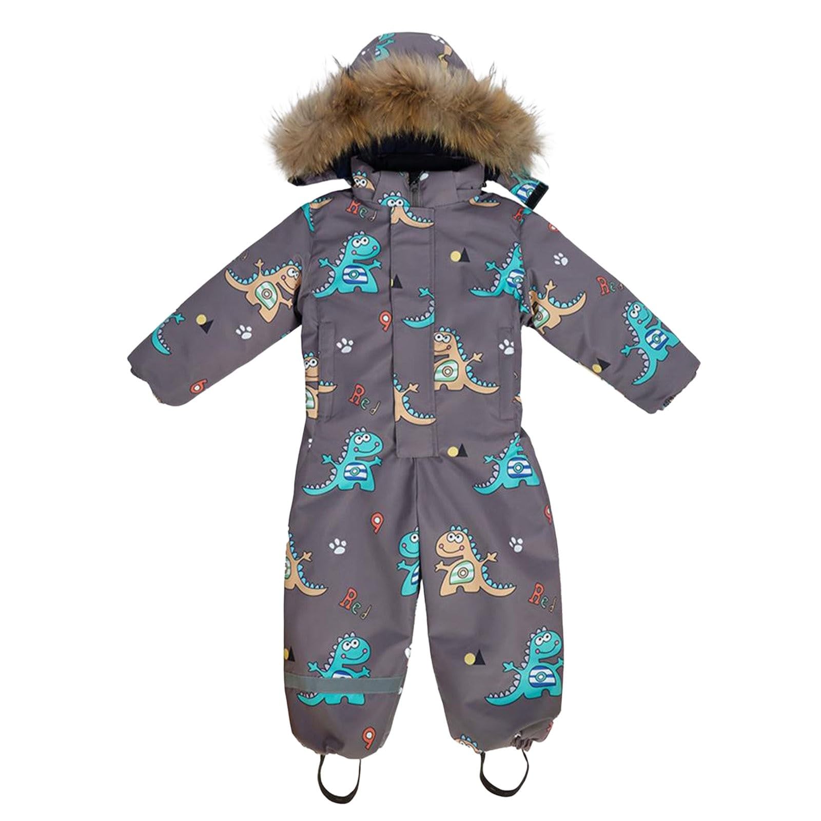 Mono de invierno para niños con capucha, unisex, traje de esquí con estampado de dinosaurios, traje de nieve, resistente al viento, impermeable, cálido, mono de nieve, cierre de cremallera, traje de