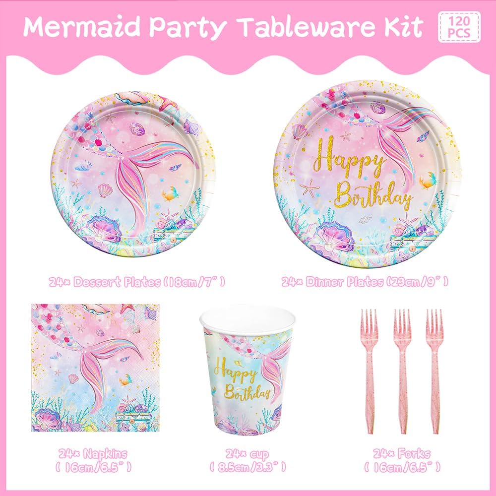 120Pcs Mermaid Birthday Party Plates Under the Sea Ocean Paper Disposable Tableware Set for Girls Kids Birthday Party Decorations Serve 24 - Image 2