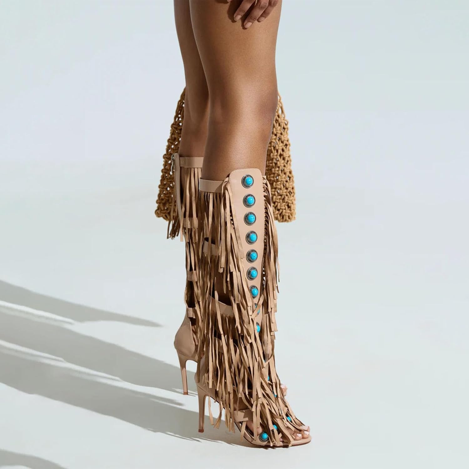 Women's Knee High Sandals Turquoise Heeled Boots with Fringe Tassels Zipper Open Toe High Sandal Boots Summer Shoes