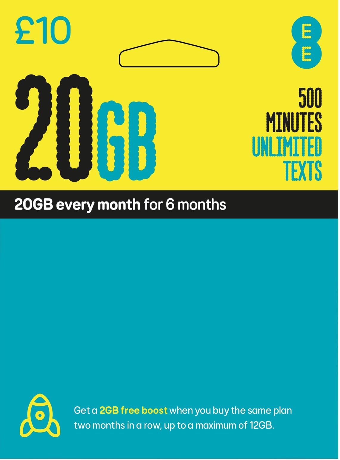 EE PAYG £10 Data Sim Includes £10 pre-paid credit, 20GB Data, 500 Minutes and Unlimited Texts (EE £10-20GB)