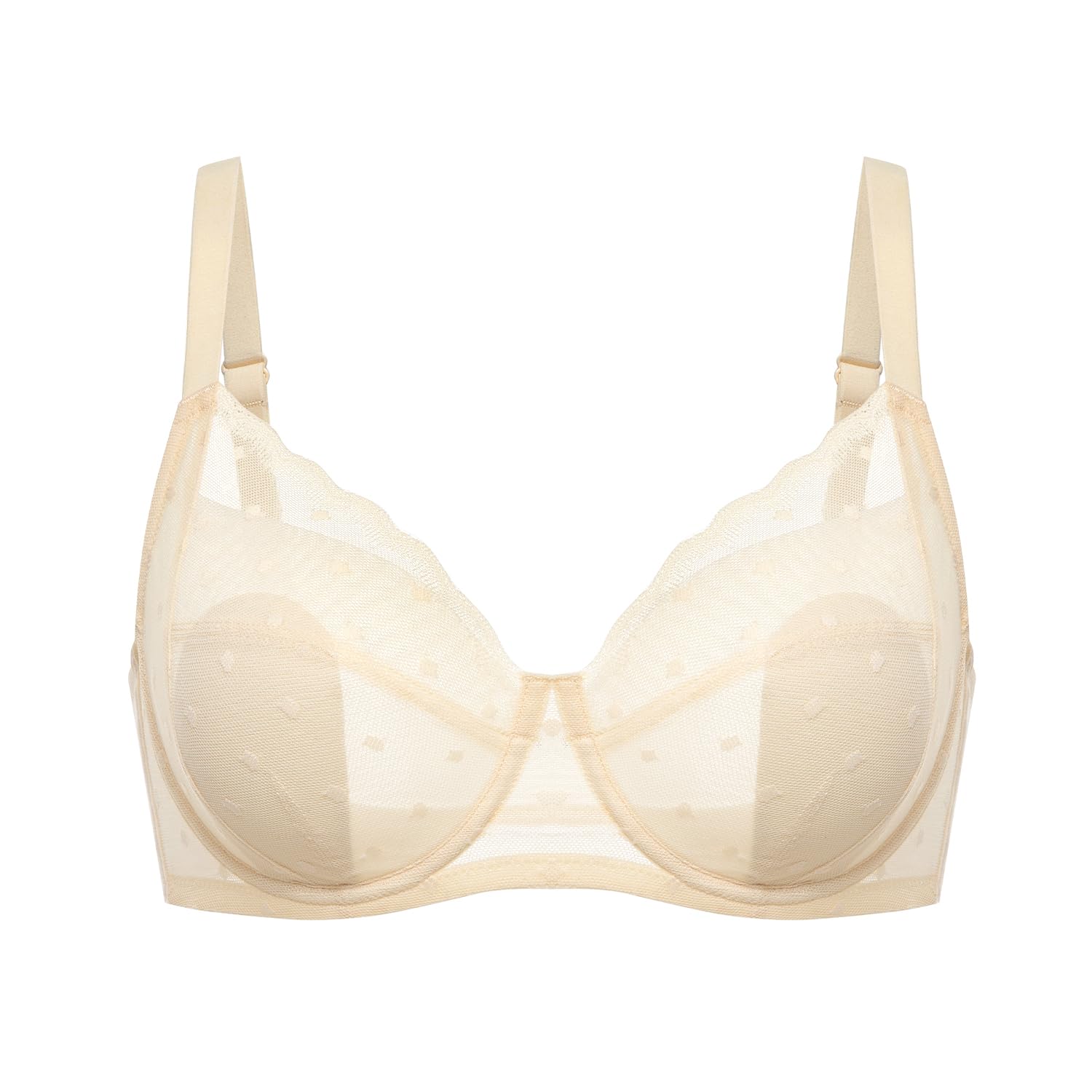Dobreva Women's Parchment Lace Full Coverage Bra Underwire Plus Size Minimiser Unlined No Nipple Show Mesh Bras 38Dd