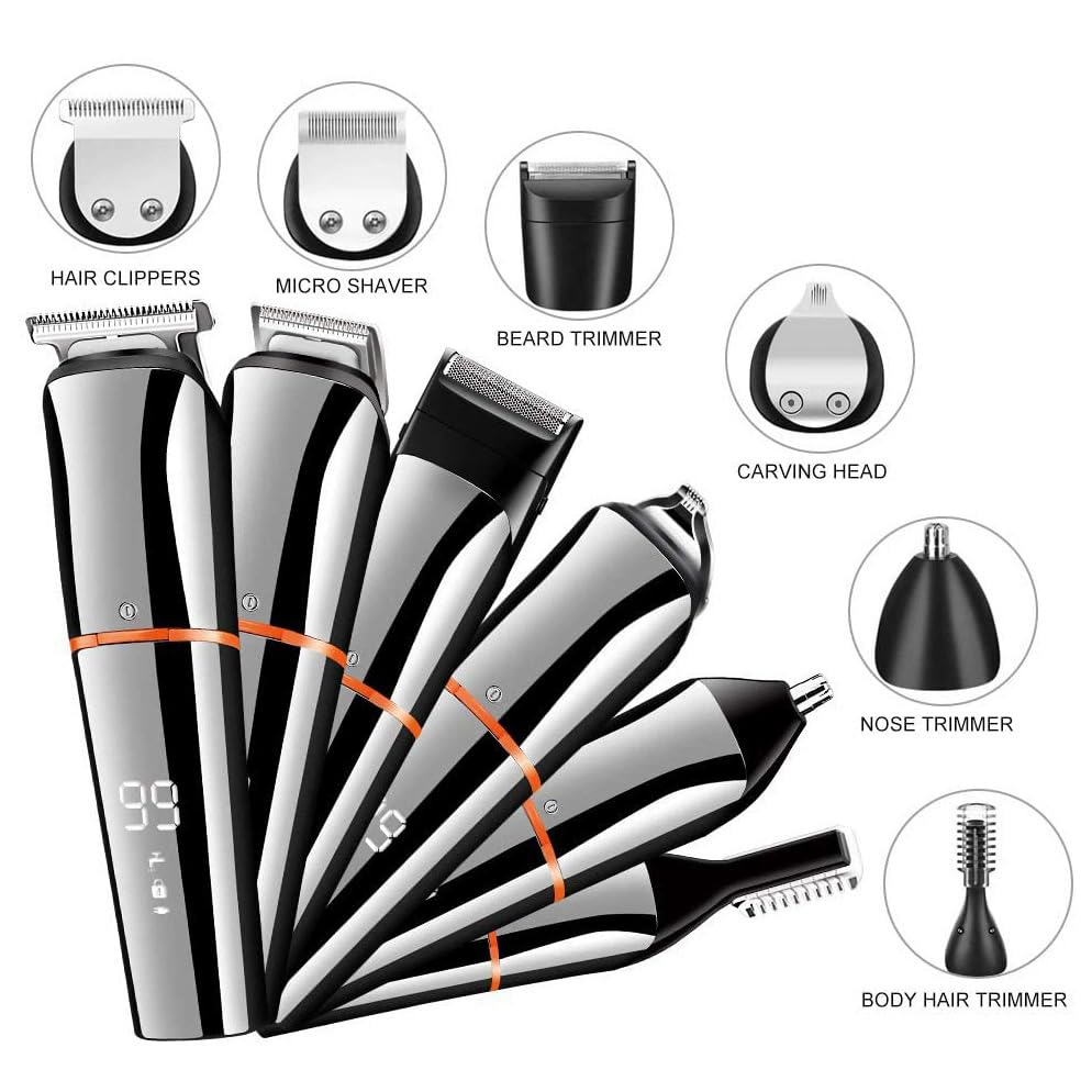 Smart-J Regolabarba Uomo 10 in 1 – Tagliacapelli, Rifinitore di Precisione, Tagliapeli Naso/Orecchie – Display LED, Ricarica USB, Base Inclusa, Waterproof IPX6 – Grooming Kit Multifunzione