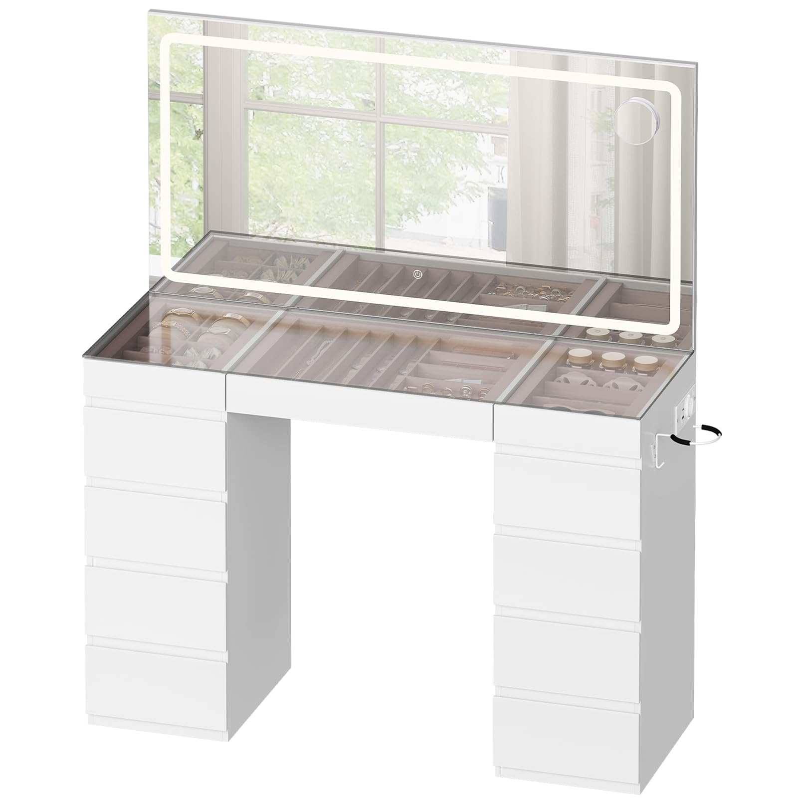 WOLTU Toleetta Trucco con Specchio LED Grande, Piano in Vetro, Portagioie | Postazione Trucco con 11 Cassetti, Multipresa, Luminosità Regolabile, Grande Capacità di Stoccaggio, Moderno, Bianco