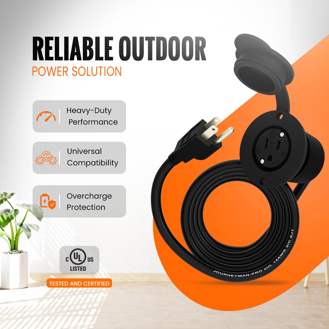 10 Foot 15A Weatherproof Outdoor Power Outlet by Journeyman-Pro 15 Amp 110/120 Volt 5-15R Receptacle Kit with Integrated (10' FT) 120" Extension Cord + Waterproof Rubber Cover (Black)