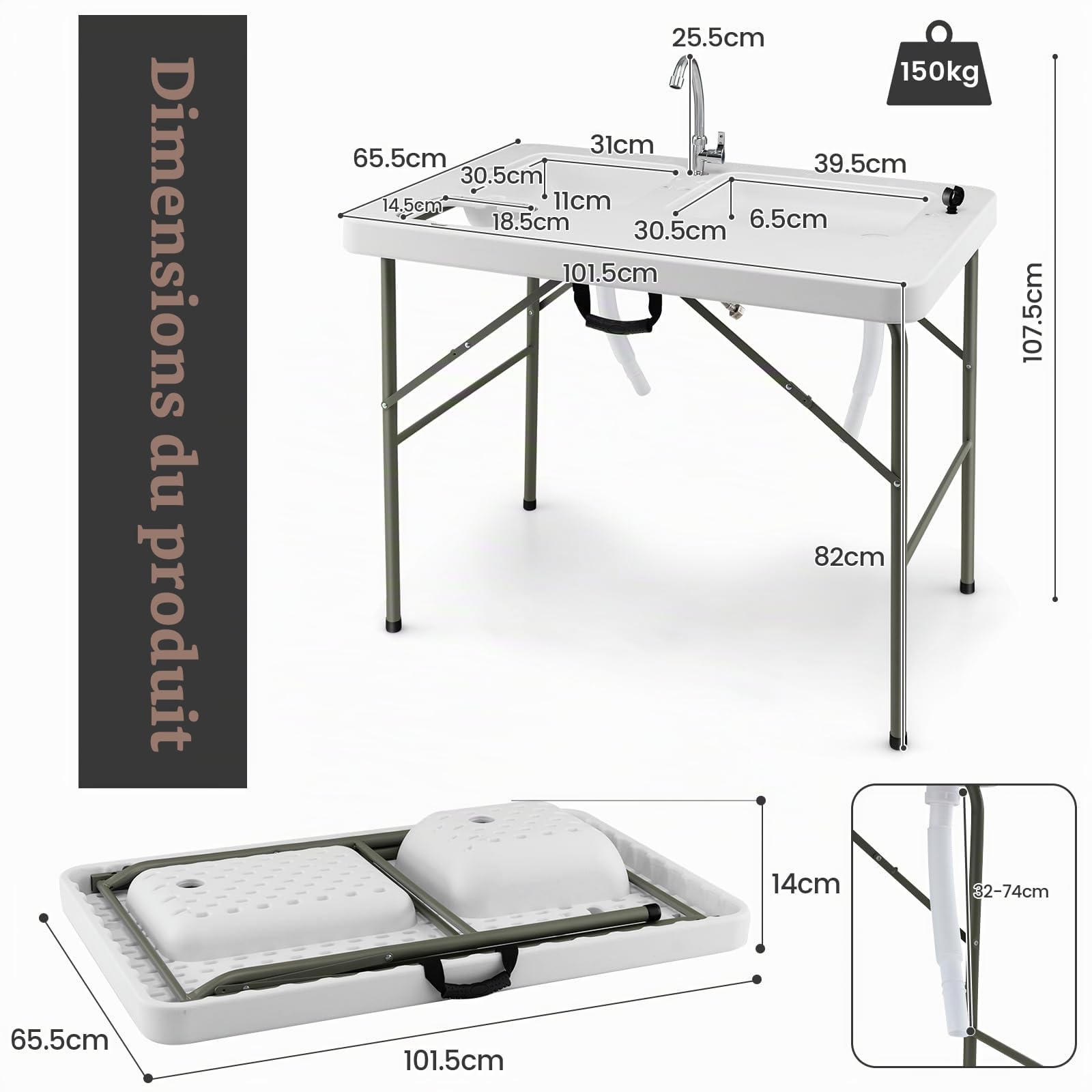 KOMFOTTEU Table de camping pliable 102 x 66 cm avec robinet rotatif et 2 lavabos, station de nettoyage pour poissons avec échelle de mesure et poubelle