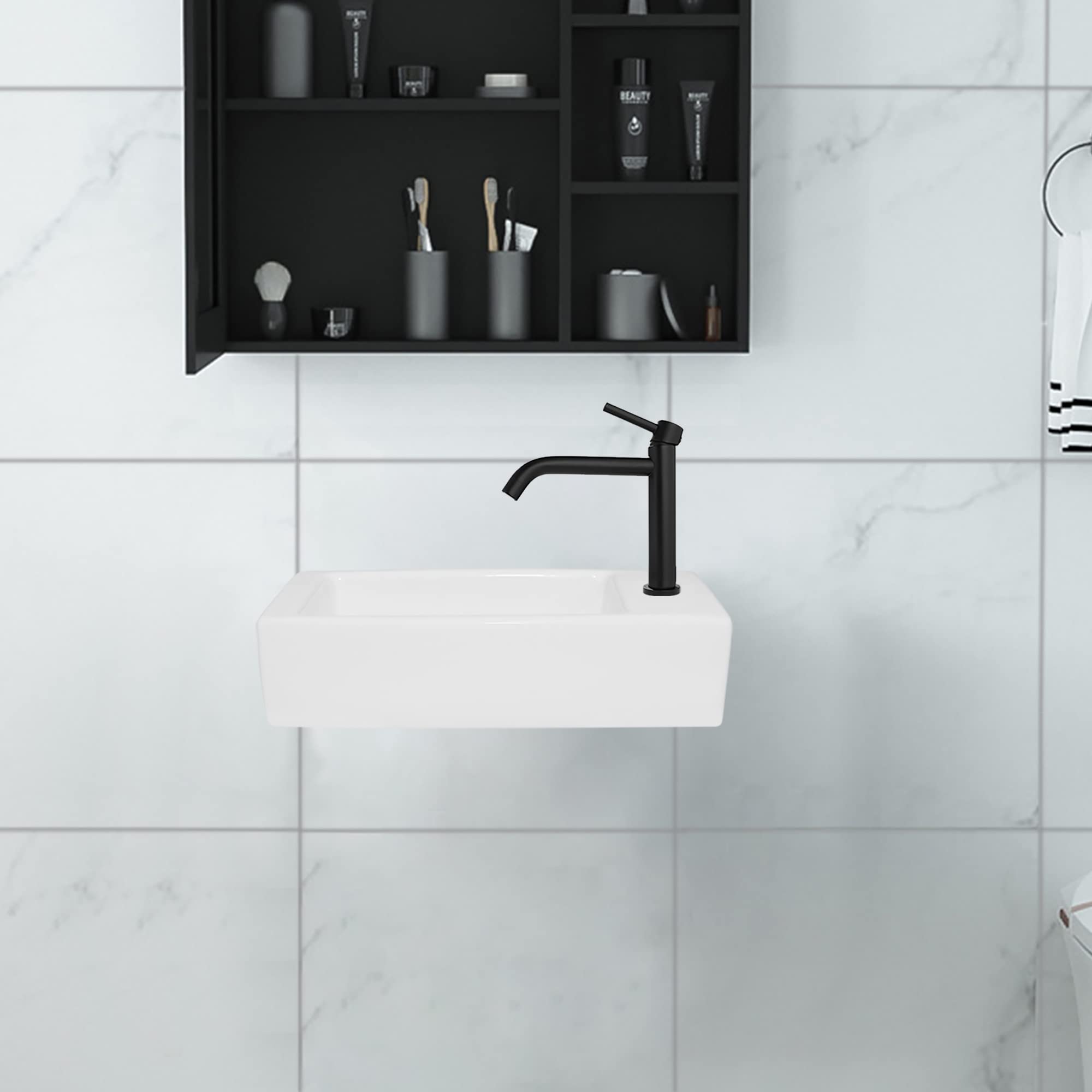 OUUTMEE A parete Lavandino da appoggio piccolo, 370 x 185 x 90mm, lavabo da parete o da appoggio per WC per gli ospiti | Lavandino piccolo mini, mini lavabo destro