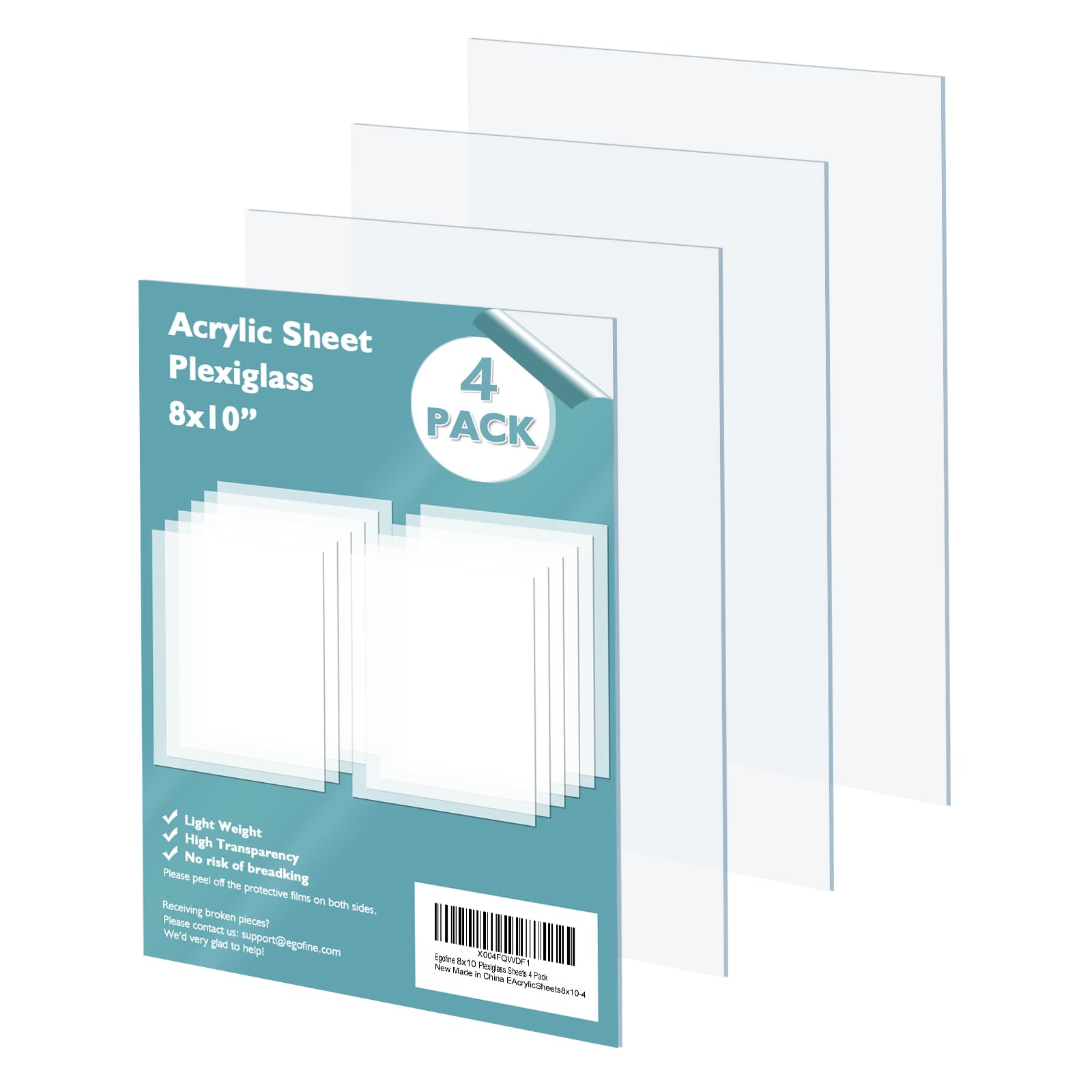 Egofine Plexiglass Sheets Acrylic Sheets 4 Pack of 8x10’’ 0.04 Thick Clear Plastic Cast Transparent Plexi Glass for Crafting Projects, Replacement