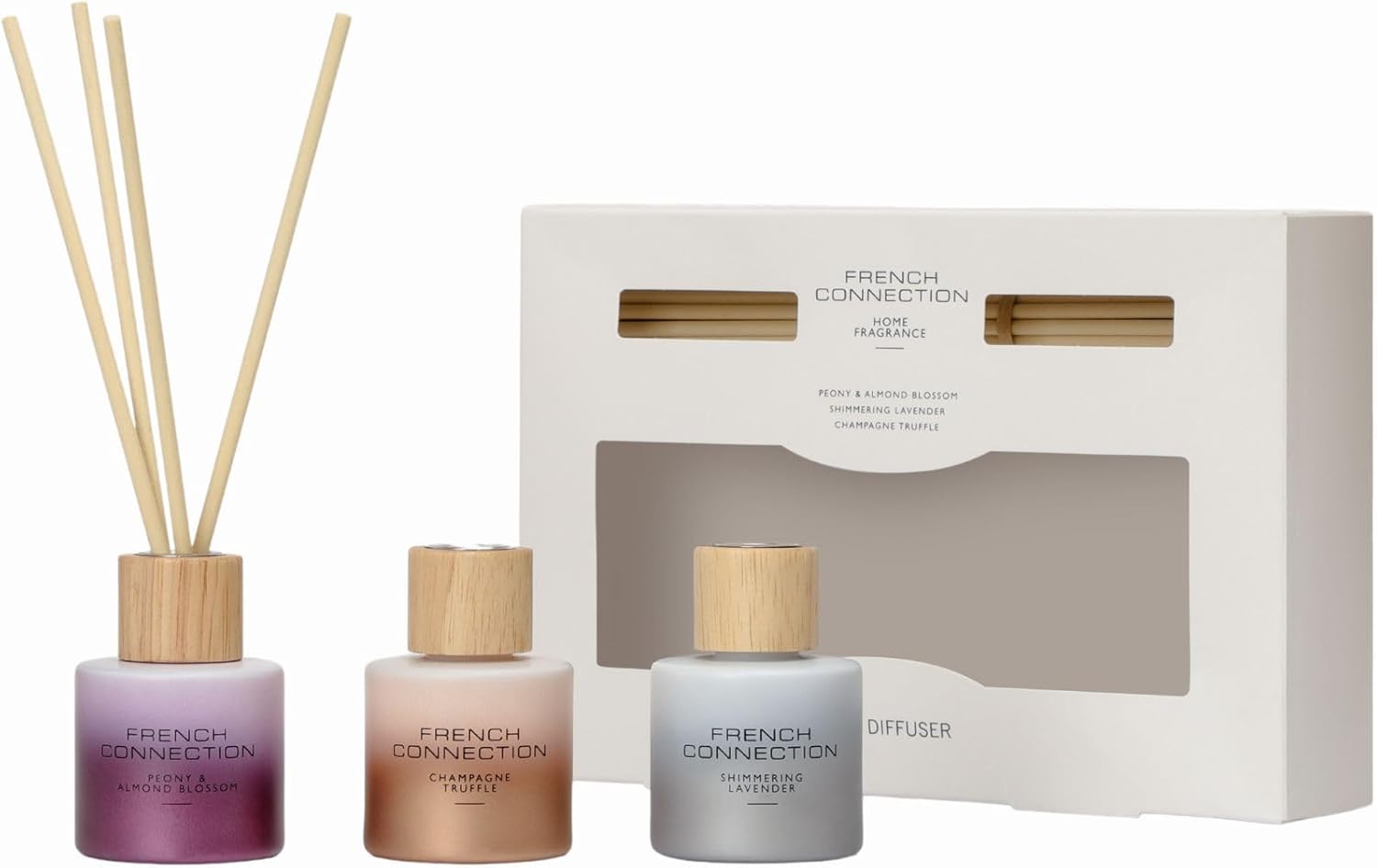 French Connection Ombre Collection Geurende rietverspreider | Luxe huisgeur | 100ML & Trio Gift Set (50 ml x 3, Champagne Truffel, Pioen & Amandelbloesem, Glinsterende Lavendel)
