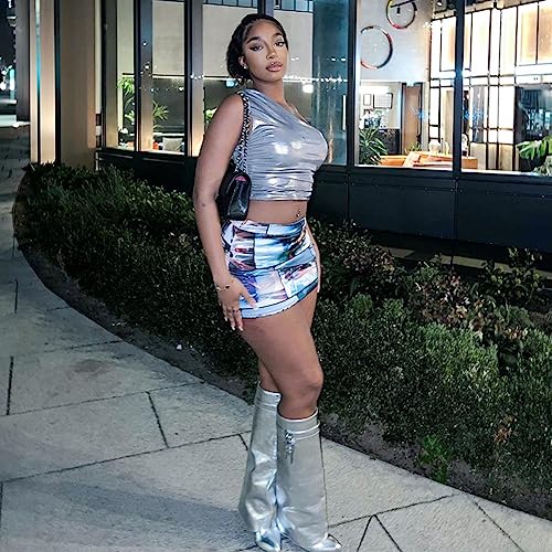 Women's One Shoulder Crop Tank Top Bra Shiny Metallic Ruched Sleeveless Tops Cut Out Sparkling Tee Shirt Party Clubwear3