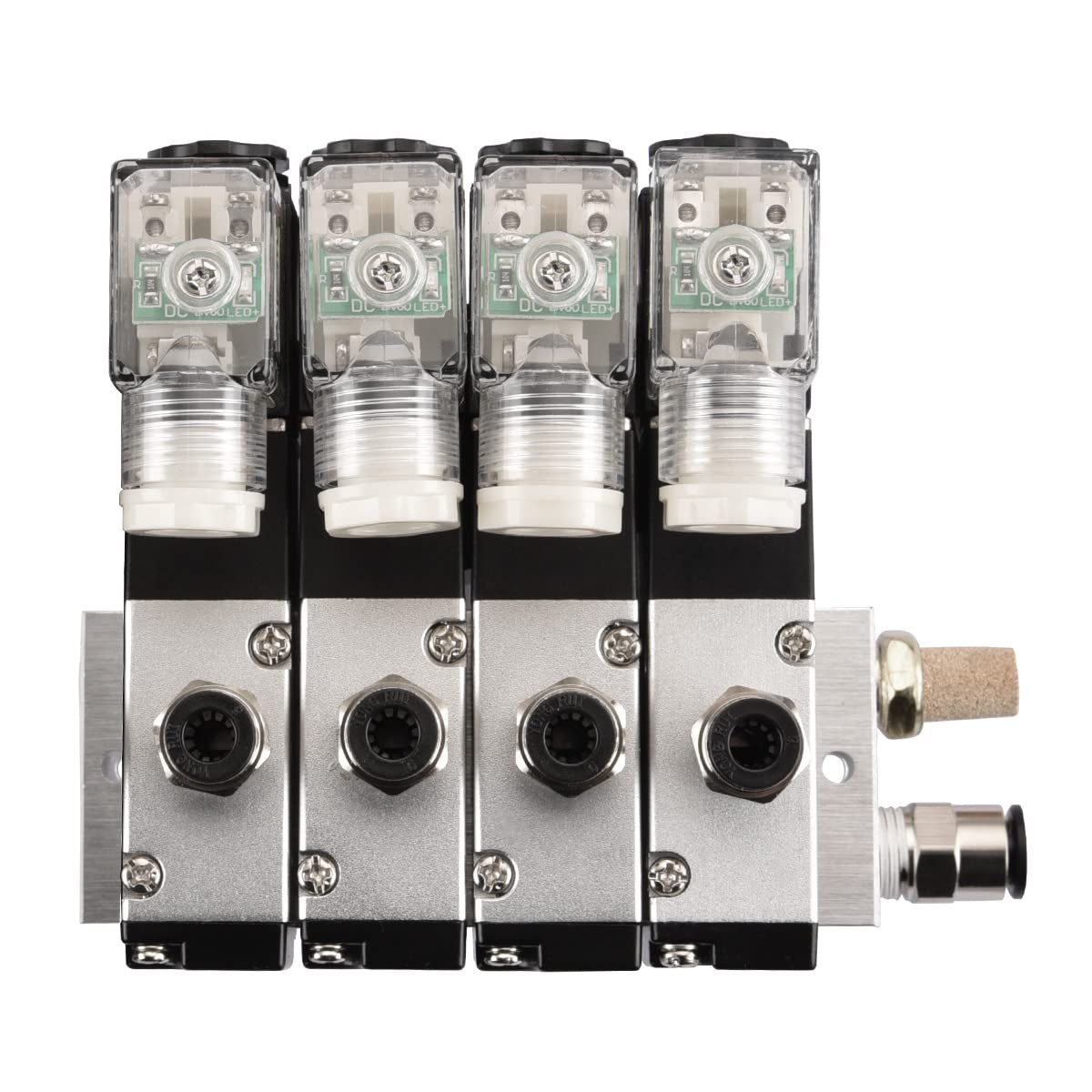 Heschen Elettrovalvola pneumatica elettrica 4, 3V210-08, DC24 V, PT1/4, 3/2 vie, kit di collegamento rapido silenziatore base collettore (4 stazioni)