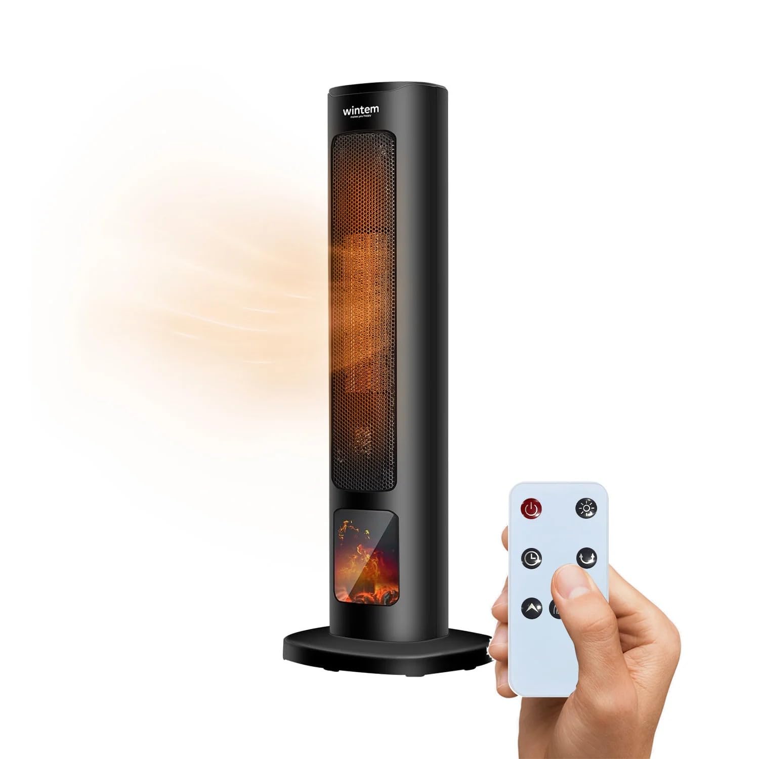 Wintem Stufa Termoventilatore Elettrico a Torre 800/2000W con Display Effetto Camino e Telecomando 60cm - Ideale per un Riscaldamento in Sicurezza Grazie alla Funzione di Spegnimento Automatico
