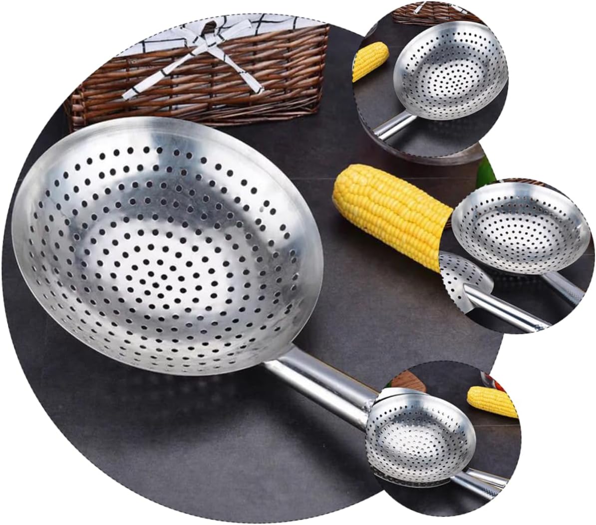 Thickened Stainless Steel Colander Scoop with Heat Resistant Handle Hot Pot Strainer for Frying and Serving French Fries Vegetables Meat Food Serving Ladle for Kitchen and