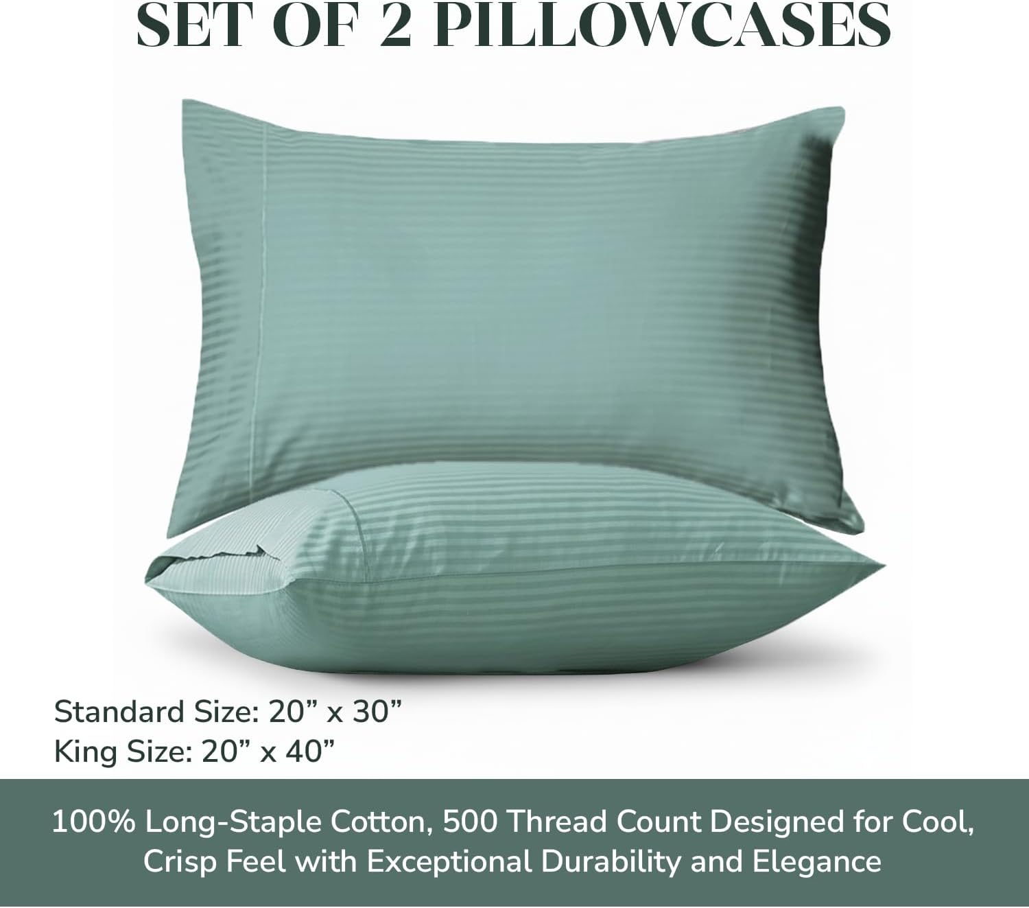 Feather & Stitch 100% Cotton King Pillow Covers Set of 2, 500TC Envelope Closure Pillowcases, Soft Luxury Damask Stripe Sateen Weave Pillow Case for Sleeping, 20x40 Inches - Granite Green Stripe