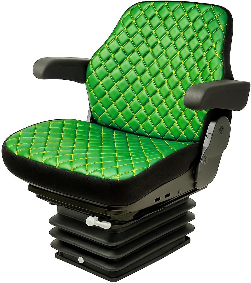 Heavy Duty Tractor Seat Cover for Cabinet Tractors Without Headrest, Seat Cover for John Deere Tractor, Camuflage Pattern, 8 Colors (JD Color Scheme - Green Leather - Yellow Stitches)