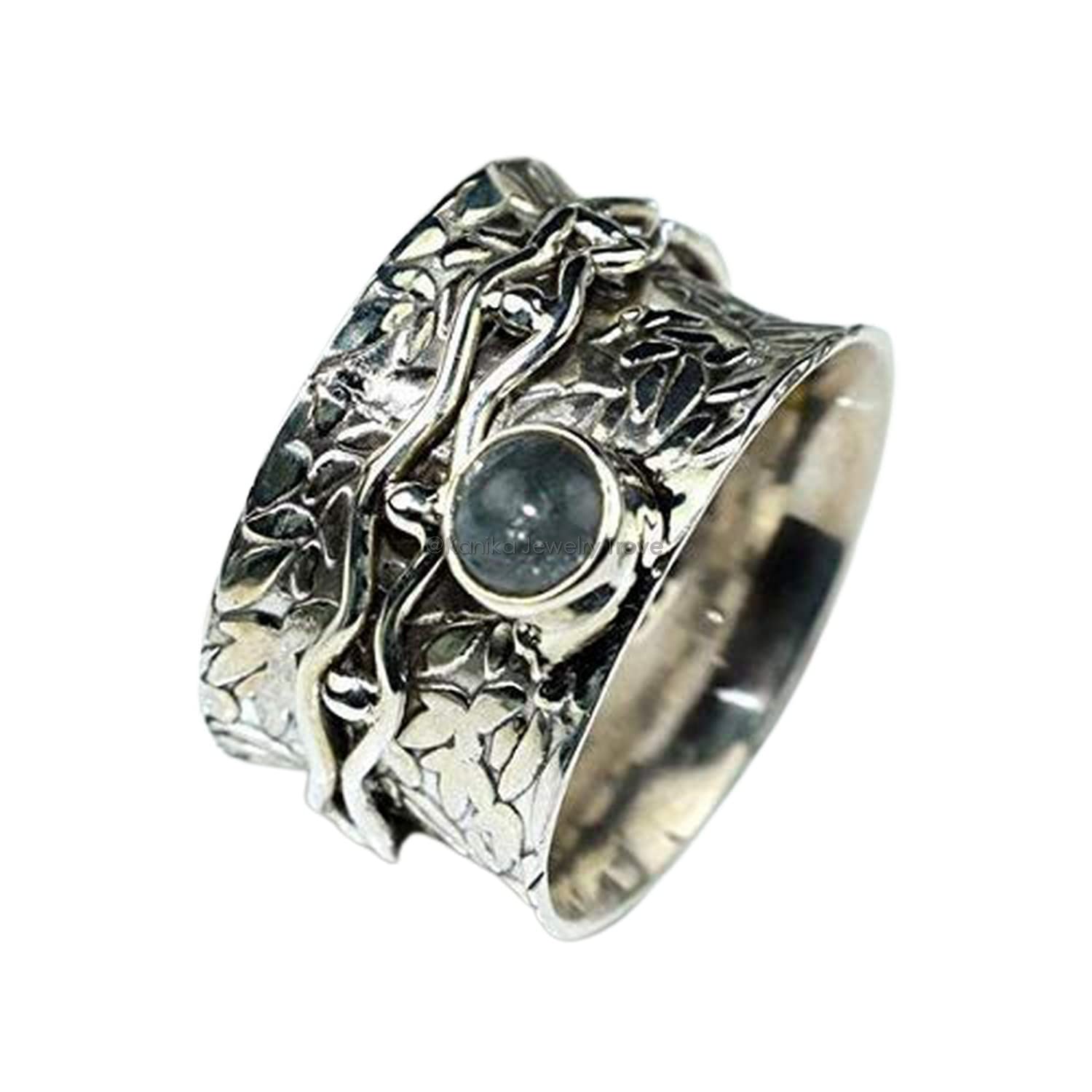 Blumentextur Spinner Ring, 925 Sterling Silber Unisex Bandring, Labradorit Ring, Meditation Herrenring, Angst Ring, Brautjungfer Ring für Frauen Muttertagsgeschenk (Labradorit, Größe 7)