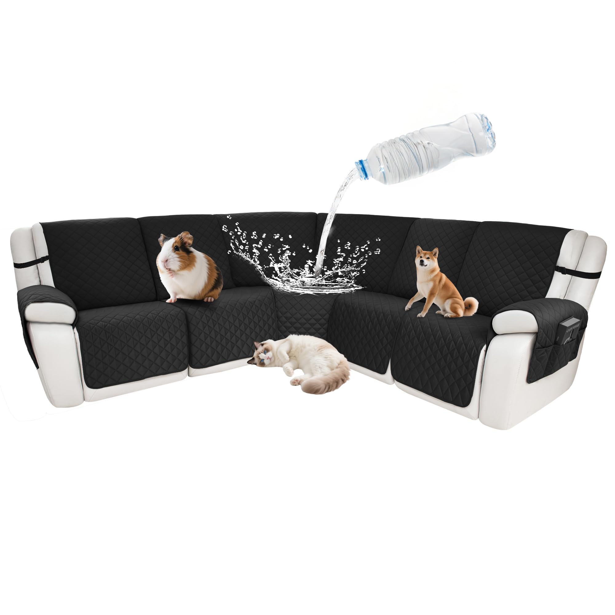 Waterproof Sectional Reclining Couch Covers L Shaped Recliner Sectional Sofa Cover 7 Piece Non Slip Washable Corner Recliner Slipcover Set for Pet Dog (5 Seater Cover, Black)