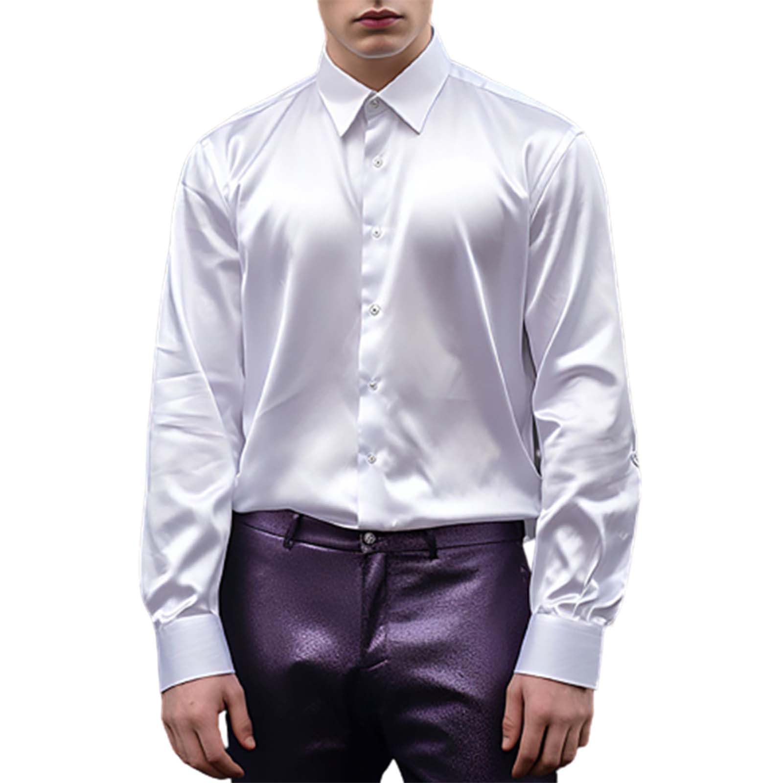 Mens Glossy Shirts, Shiny Satin Long Sleeve Shirt, Wrinkle Free Glossy Button Down Shirts with Lapel Collar, Slim Fit Dress Shirt for Disco Party, Fashion Satin Dance Party Tuxedo Shirts