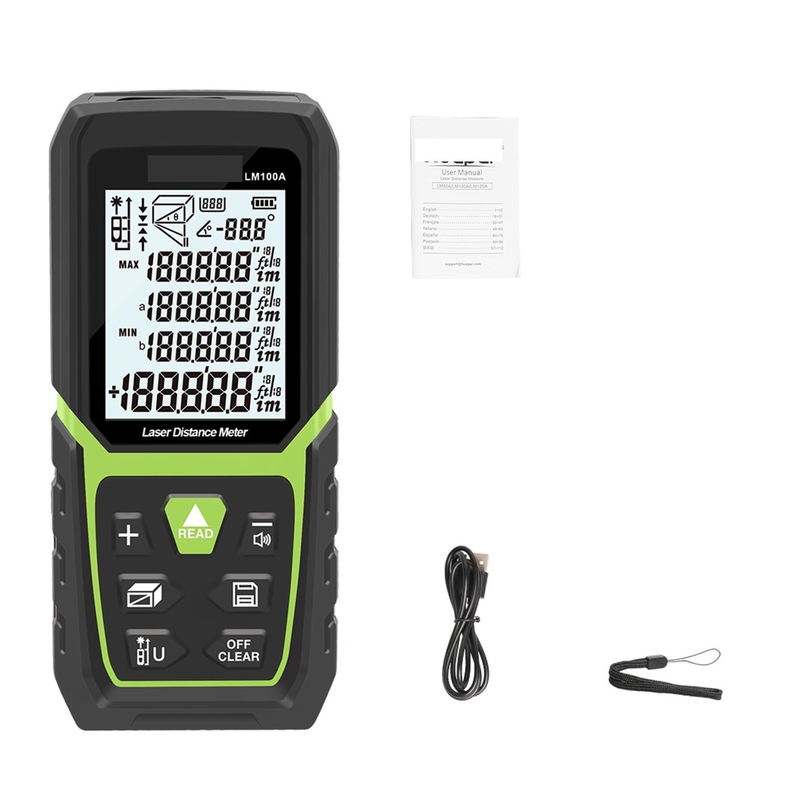 Telémetro láser 330Ft/100M(165Ft/ 50M 390Ft/120M) Medición láser LCD retroiluminada M/In/Ft con batería de Iones de Litio y Sensor de ángulo eléctrico Alta precisión(50m)