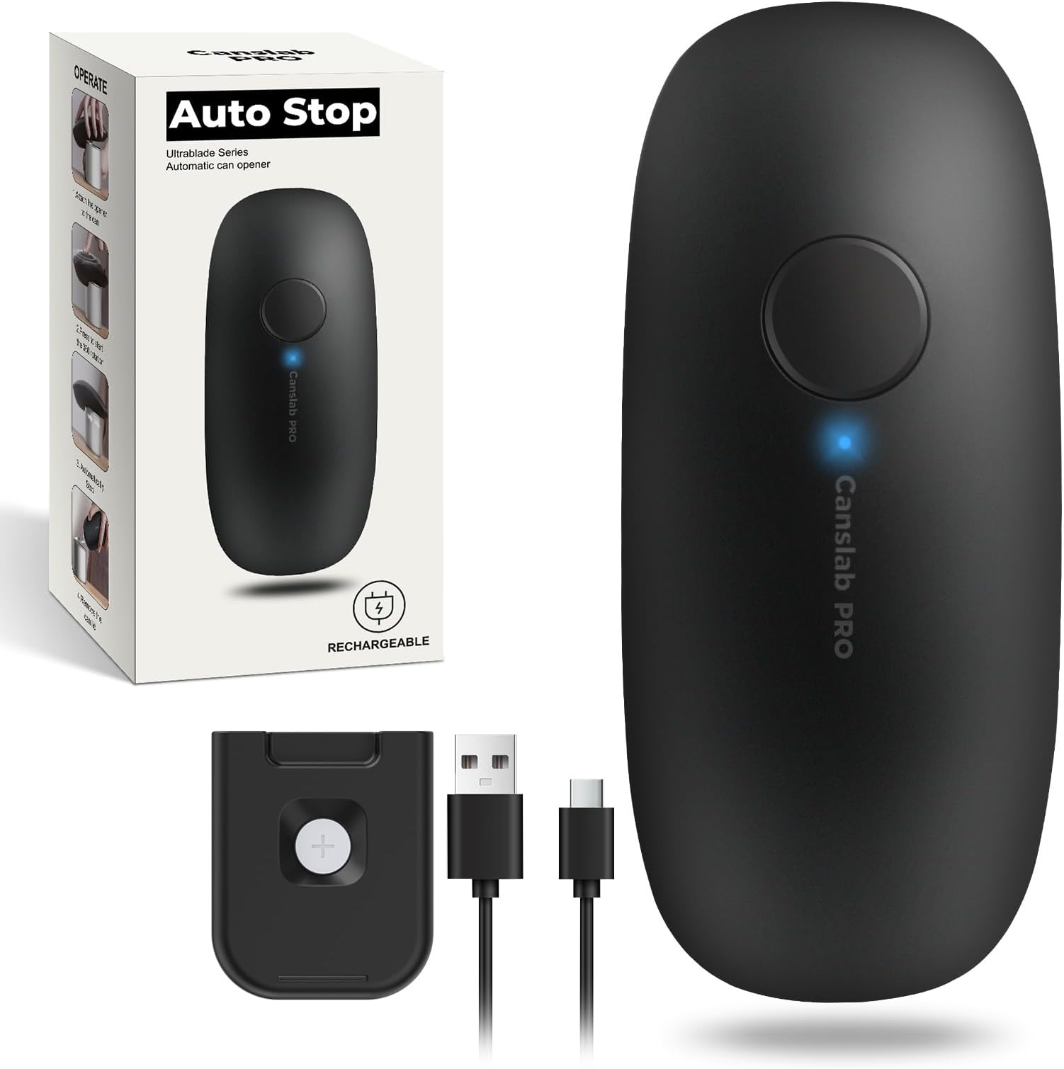 Canslab Ultrablade PRO Auto Stop Can Opener - Rechargeable Electric Can Opener for Kitchen for Seniors with Arthritis - One Touch Side Cut Opener, Smooth Edge, Handfree, Wall Mounted Small Size, Black