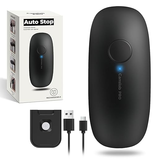 Canslab Ultrablade PRO Auto Stop Can Opener - Rechargeable Electric Can Opener for Kitchen for Seniors with Arthritis - One Touch Side Cut Opener, Smooth Edge, Handfree, Wall Mounted Small Size, Black