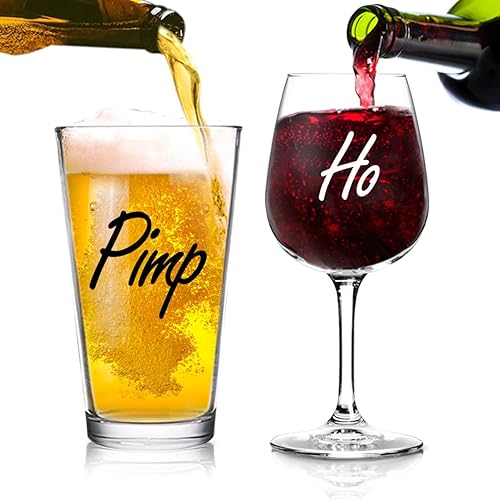 Miniatura 2 de DU VINO Pimp & Ho - Juego de 2 copas de cerveza y vino | Divertida novedad para él y ella o marido esposa | Pareja, recién casado | Regalo de boda o