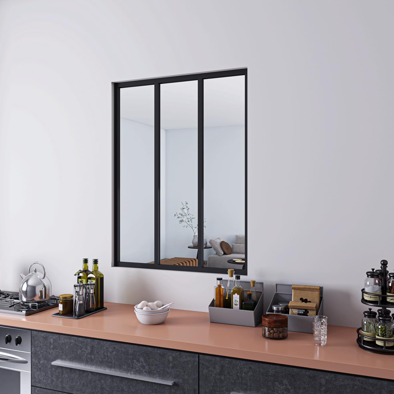AICA Separador de Ambiente 63x108cm Cristal Templado Transparente 4mm 2 Hojas enmarcadas con Perfil de Aluminio Negro Mate