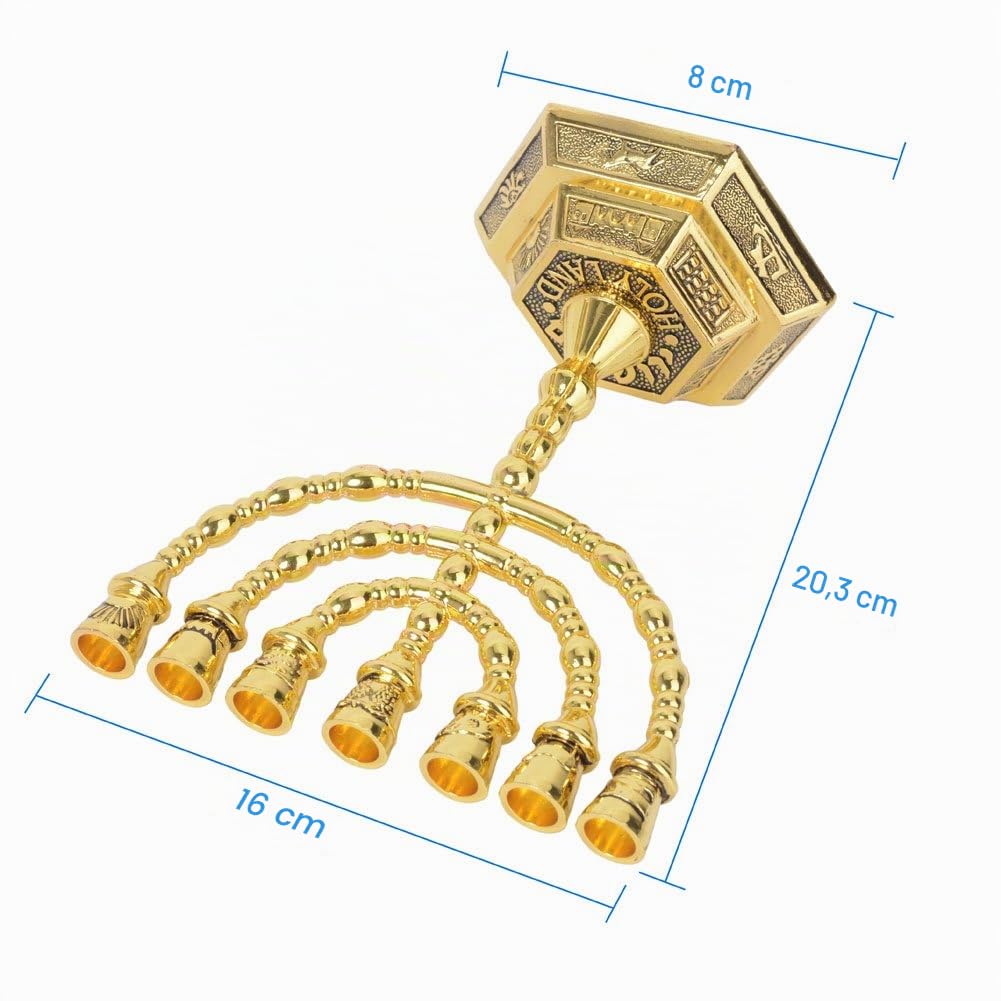 BRTAGG Menorah 7 Ramas, 12 tribus de Israel, candelabro judío con Base Hexagonal (20 cm, Oro)