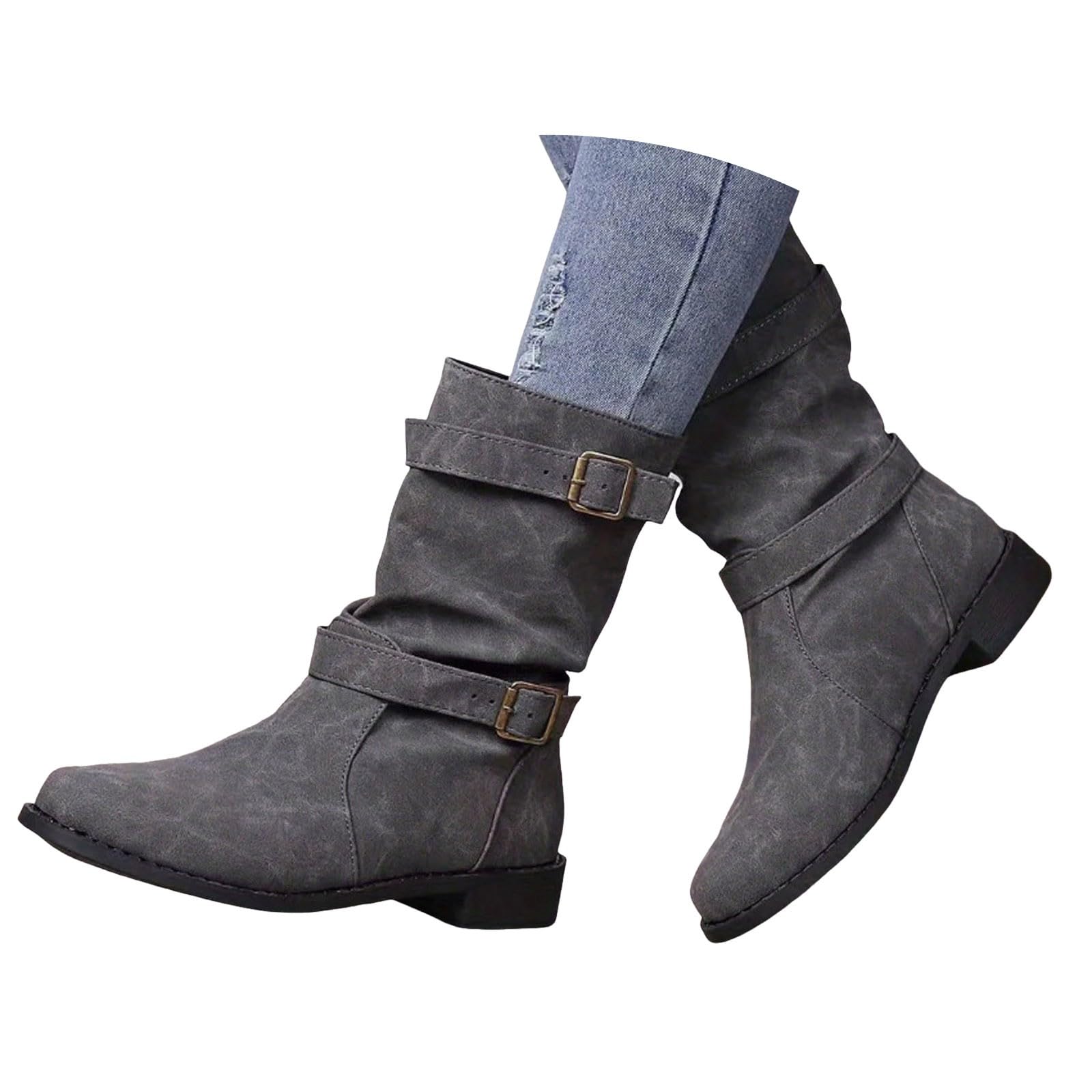 ZSpzx Women Mid Calf Riding Boots Wide Calf Slouchy Ruched Leather Retro Buckle Straps Round Toe Chunky Block