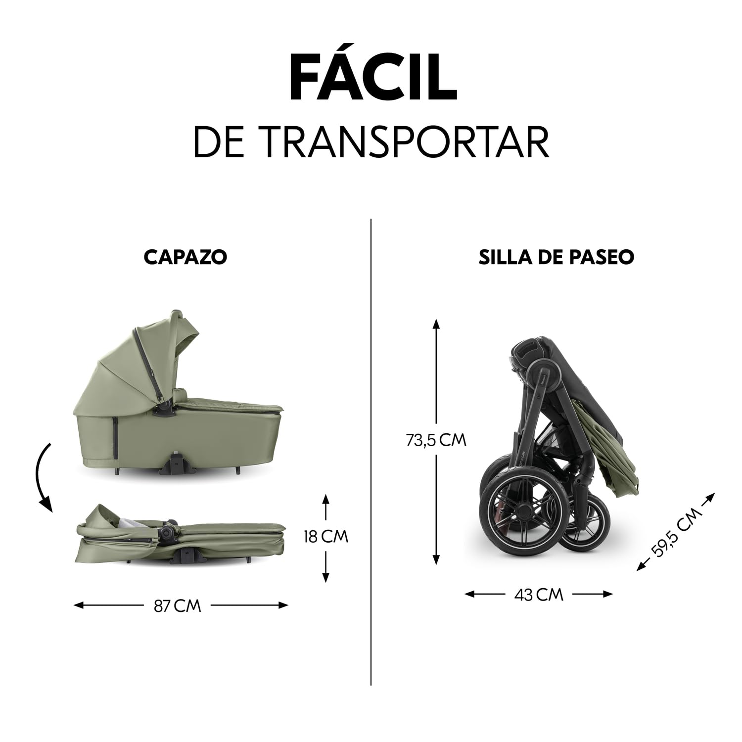 hauck Comfort N Care Set Cochecito 2in1 | Carrito Bebé desde Nacimiento hasta 22 kg - Capazo XL - Ruedas de Goma con Suspensión - Silla de Paseo Ligera Reversible y Reclinable - con Adaptador - Oliva