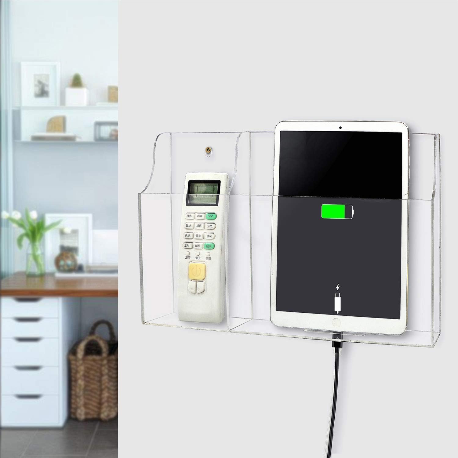 Yoillione Wall Mount Tablet and Phone Charging Stand for Tablet, Smartphone, E-Book, 2 Slots Remote Control Holder for TV, Clear Acrylic Remote Storage Media Organizer Box - Product 2.0 Size Upgrade
